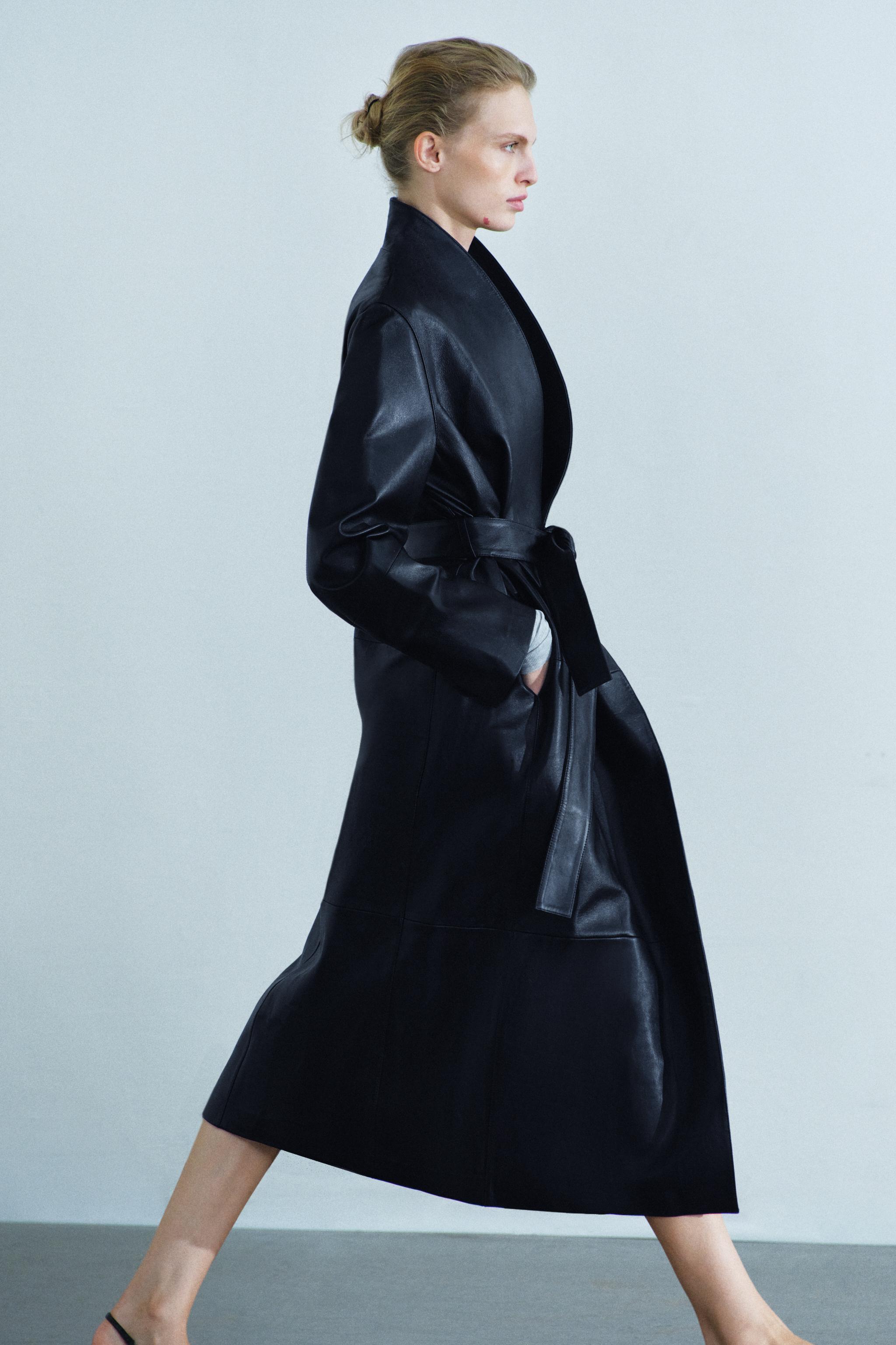 ZW COLLECTION 100% LEATHER BELTED LONG COAT